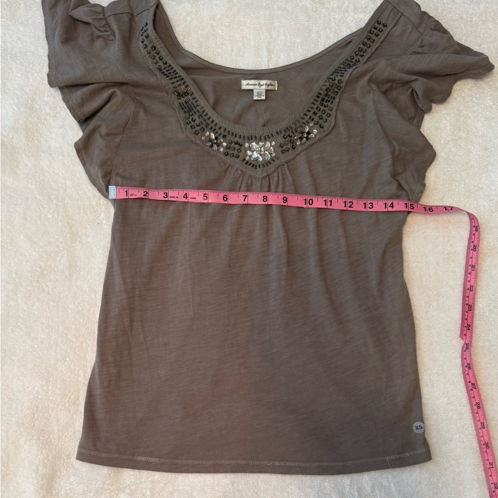 NWT American Eagle Beaded Scoop Neck Blouse – Taupe Gray, Size XS - Picture 3 of 8
